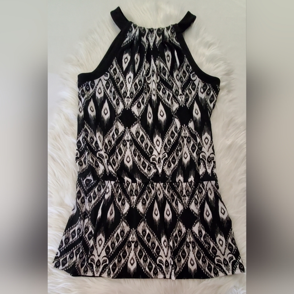 White House Black Market Ikat Halter Tunic Drop Waist Top  Black & White Size M - Picture 3 of 7